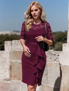 MIUSOL 花卉蕾丝荷叶边饰开叉大腿鸡尾酒会紧身连衣裙 - 酒紅色 - 查看 8