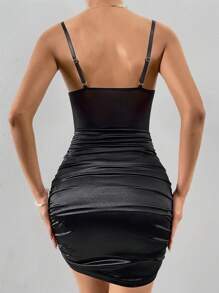 Chiquease Contrast Lace Ruched Bustier Satin Cami Bodycon Dress