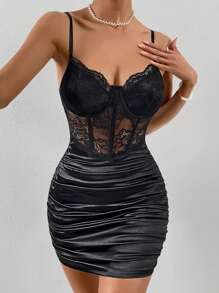 Chiquease Contrast Lace Ruched Bustier Satin Cami Bodycon Dress