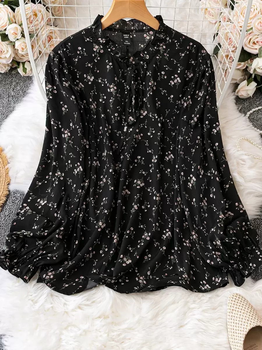 SHEIN Clasi Blusa con estampado floral de cuello con cordón - Negro - Ver 1