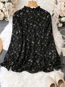SHEIN Clasi Blusa con estampado floral de cuello con cordón - Negro - Ver 2