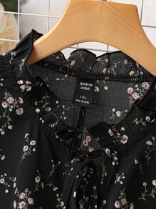 SHEIN Clasi Blusa con estampado floral de cuello con cordón - Negro - Ver 4