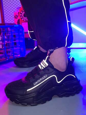 男士反光字母圖案前綁帶粗運動戶外運動鞋