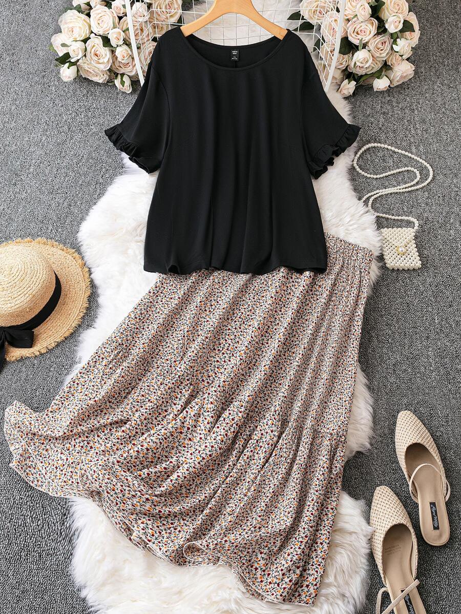 EMERY ROSE Camiseta lisa + Falda con volantes con estampado floral ditsy, para el verano - Multicolor - Ver 1