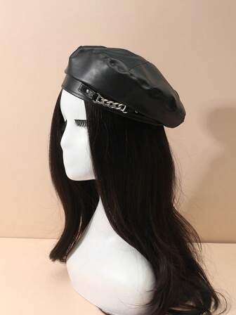 1入女士鏈條裝飾時尚貝雷帽,適用於日常復古風