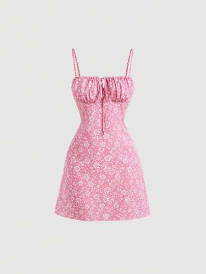 SHEIN MOD Pink Floral Summer Allover Floral Print Ruched Bust Cami Dress,Pastel Dresses For Women
