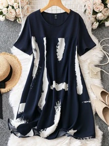SHEIN LUNE Plus Brush Print Tunic Dress - Navy Blue - View 1