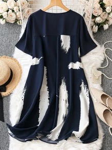 SHEIN LUNE Plus Brush Print Tunic Dress - Navy Blue - View 2