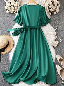 SHEIN LUNE Đầm Plus Size Thắt nút Trọn gói màu trơn Thanh lịch - Màu xanh lá cây đậm - Xem 2