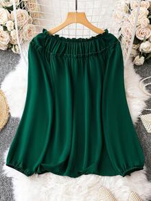 SHEIN LUNE 大碼繫帶領燈籠袖褶邊襯衫 - 墨綠色 - 查看 2