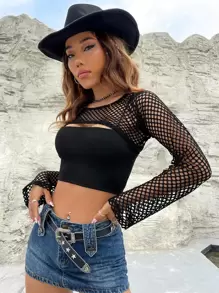 SHEIN EZwear Cut Out Front Crop Top - Black - View 6