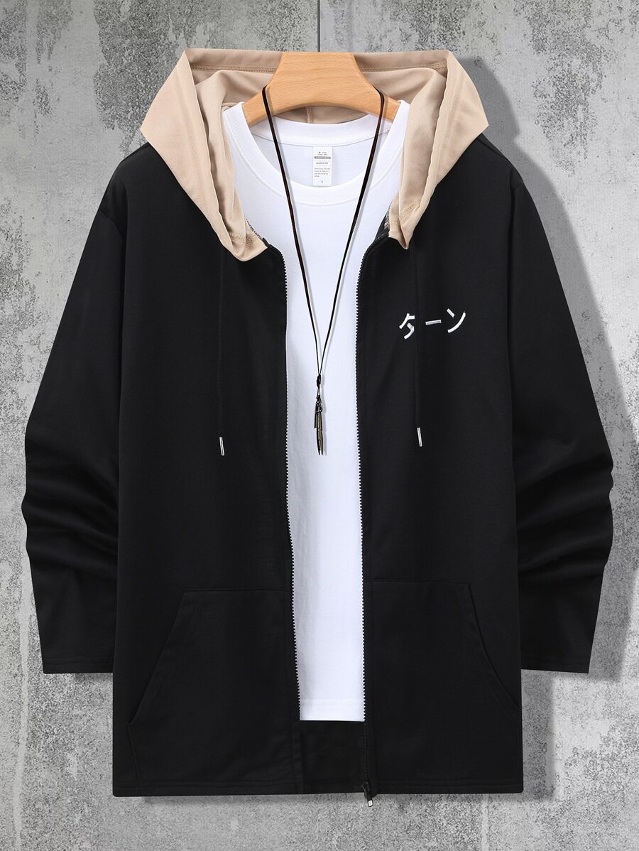 Manfinity Homme Áo nỉ Nam Dây kéo Túi Khối Màu Lá thư Giải trí - màu đen - Xem 1