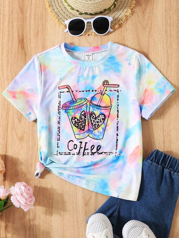 SHEIN Tween Girl Tie Dye Beverage & Letter Graphic Tee