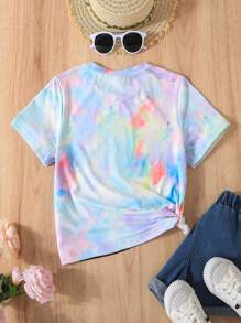 SHEIN 女孩紮染飲料和字母圖案T恤 - 彩色 - 查看 2