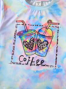 SHEIN 女孩紮染飲料和字母圖案T恤 - 彩色 - 查看 3
