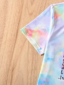 SHEIN 女孩紮染飲料和字母圖案T恤 - 彩色 - 查看 4