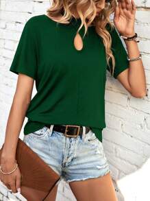 SHEIN LUNE Áo thun nữ Cắt ra Hội Chữ thập màu trơn Giải trí - Màu xanh lá cây đậm - Xem 3