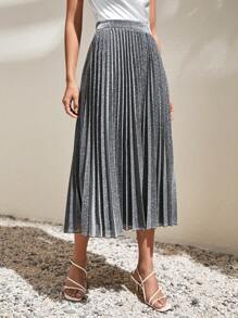 SHEIN Frenchy 金屬亮絲高腰百褶半身裙 - 灰色 - 查看 1