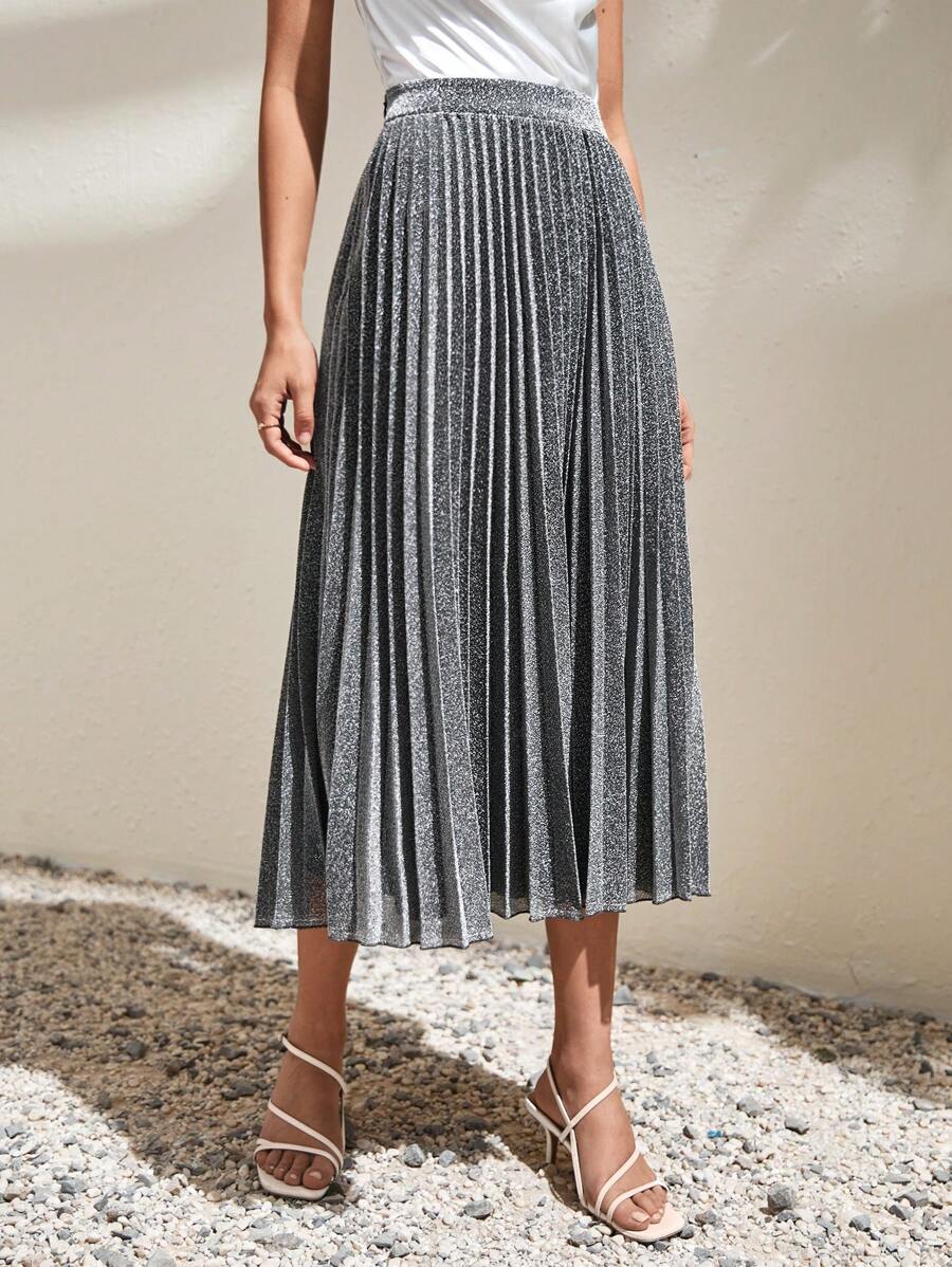 SHEIN Frenchy 金屬亮絲高腰百褶半身裙 - 灰色 - 查看 1
