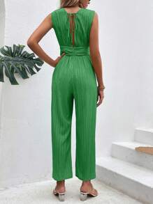 SHEIN Privé 深V領後綁帶闊腿連體褲 - 綠色 - 查看 2