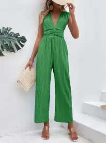 SHEIN Privé 深V領後綁帶闊腿連體褲 - 綠色 - 查看 3