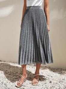 SHEIN Frenchy 金屬亮絲高腰百褶半身裙 - 灰色 - 查看 2