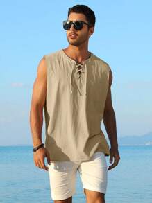 NITAGUT Men Lace Up Front Tank Top - Apricot - View 1