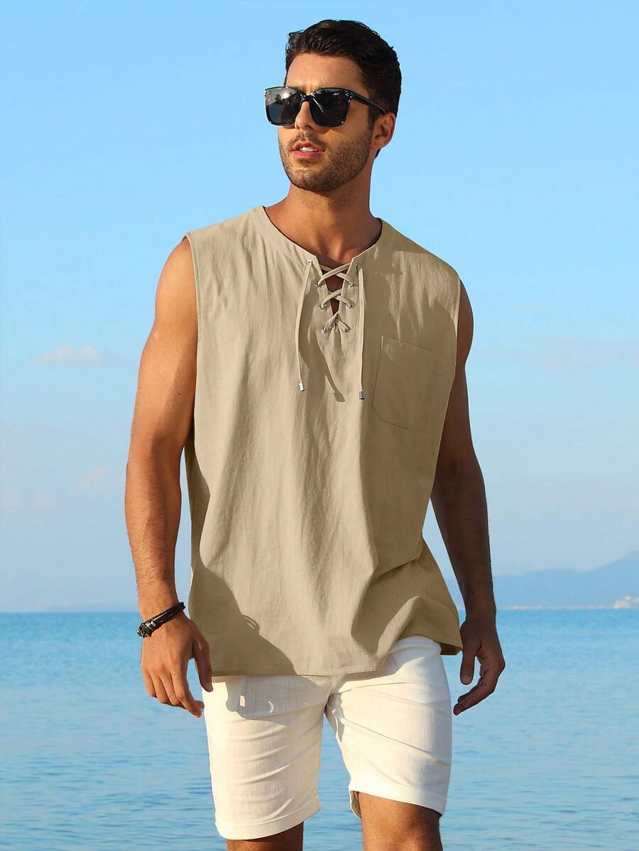 NITAGUT Men Lace Up Front Tank Top - Apricot - View 1
