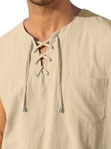 NITAGUT Men Lace Up Front Tank Top - Apricot - View 6