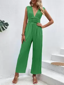 SHEIN Privé 深V領後綁帶闊腿連體褲 - 綠色 - 查看 4