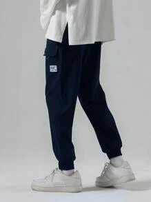 Manfinity Hypemode 男士字母貼布工裝褲 - 藏蓝色 - 查看 3