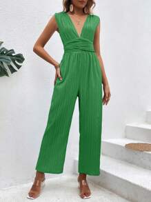 SHEIN Privé 深V領後綁帶闊腿連體褲 - 綠色 - 查看 5