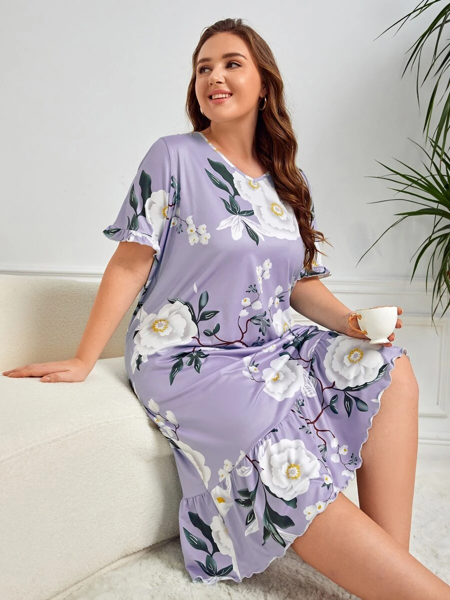 Plus Floral Print Ruffle Hem Smock Pajama Nightdress, Long Dress - Mauve Purple - View 1