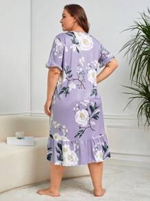 Plus Floral Print Ruffle Hem Smock Pajama Nightdress, Long Dress - Mauve Purple - View 2