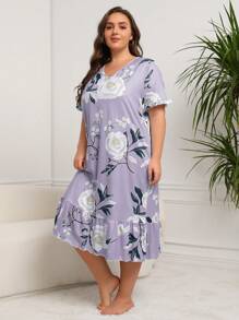 Plus Floral Print Ruffle Hem Smock Pajama Nightdress, Long Dress - Mauve Purple - View 3