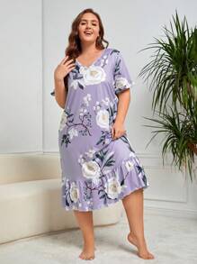 Plus Floral Print Ruffle Hem Smock Pajama Nightdress, Long Dress - Mauve Purple - View 5