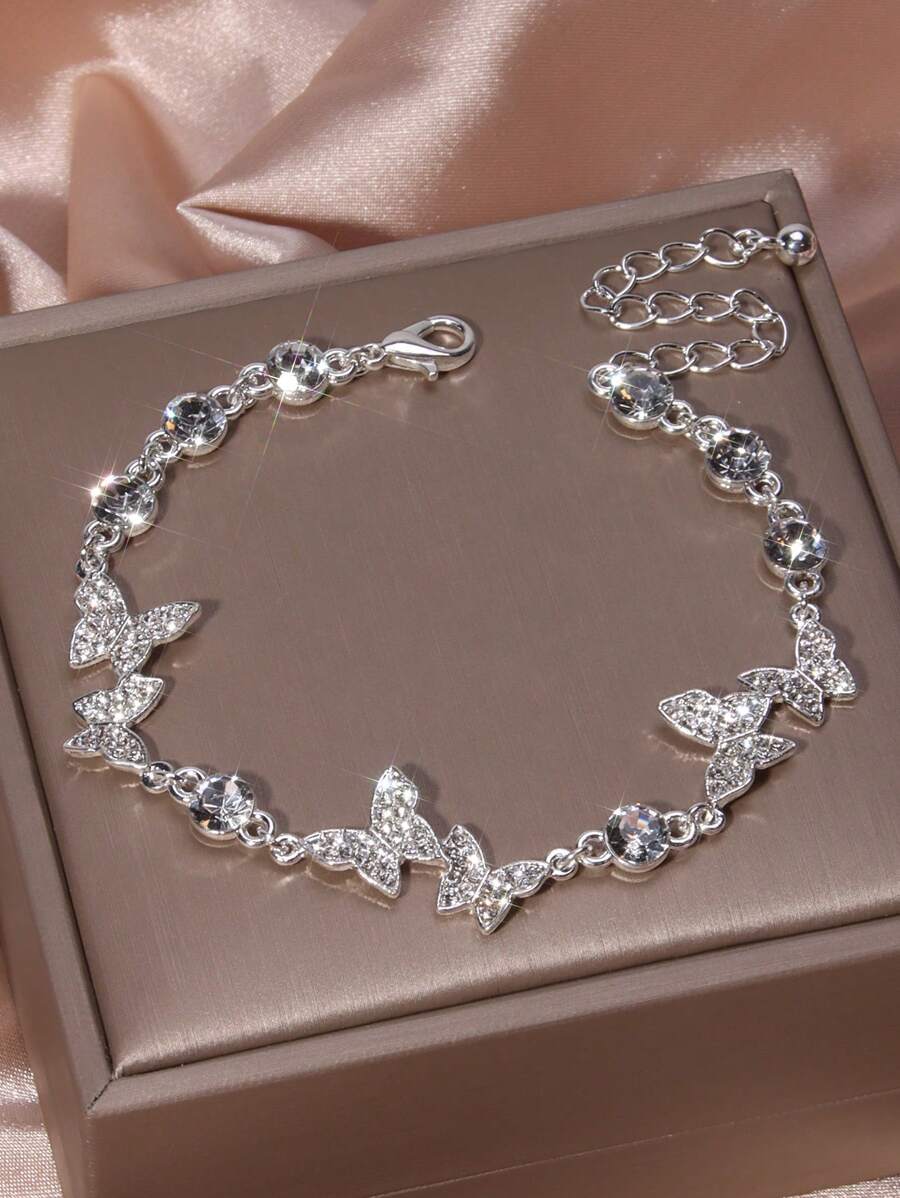 Rhinestone Butterfly Decor Bracelet - Silver - View 1