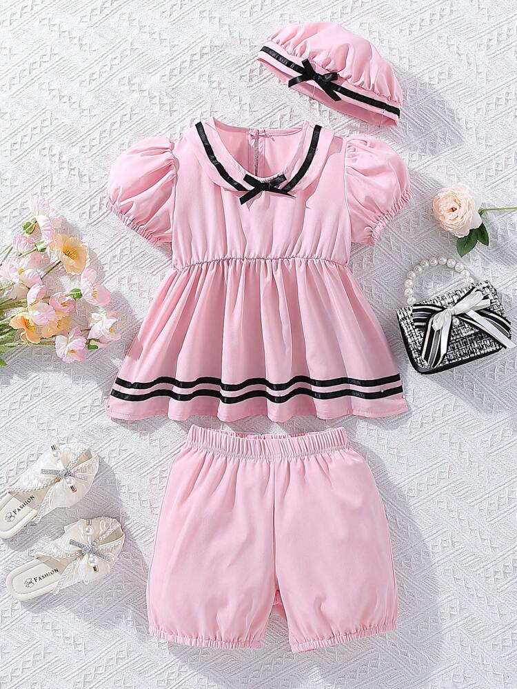 Toddler Girls Contrast Tape Puff Sleeve Peplum Top & Shorts & Hat