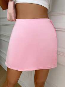 SHEIN EZwear Solid Ruched Side Knot Side Skirt - Baby Pink - View 6