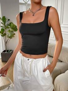 SHEIN EZwear Casual Solid Black Crop Tank Top For Summer - Black - View 1