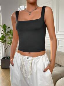 SHEIN EZwear Casual Solid Black Crop Tank Top For Summer - Black - View 7