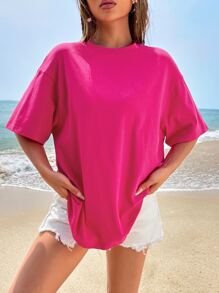 SHEIN Qutie 標語圖案落肩T恤 - 玫紅色 - 查看 2