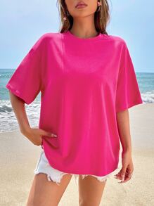 SHEIN Qutie 標語圖案落肩T恤 - 玫紅色 - 查看 6