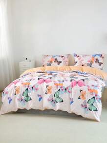 3入組蝴蝶圖案被套1入組被套和2入組枕套四季現代派滌綸床上用品套裝 - 粉色 - 查看 2