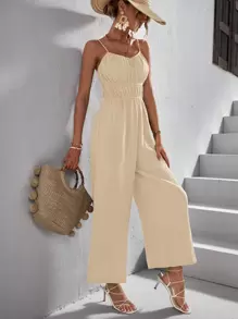 SHEIN VCAY 素色胸部褶皺吊帶連體褲 - 杏色 - 查看 6