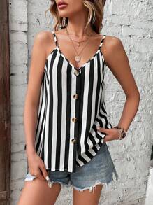 SHEIN LUNE 條紋印花前紐扣吊帶上衣 - 黑與白 - 查看 3