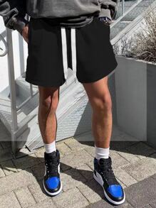 Manfinity EZcore Loose Fit Men's Drawstring Waist Track Shorts Sweat Plain Black - Black - View 2