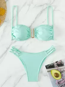 Swim Mod Women's Solid Color Ruched Sexy Bikini Swimsuit Set, U-Shaped Wire - Mint Blue - View 2