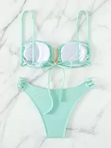 Swim Mod Women's Solid Color Ruched Sexy Bikini Swimsuit Set, U-Shaped Wire - Mint Blue - View 4