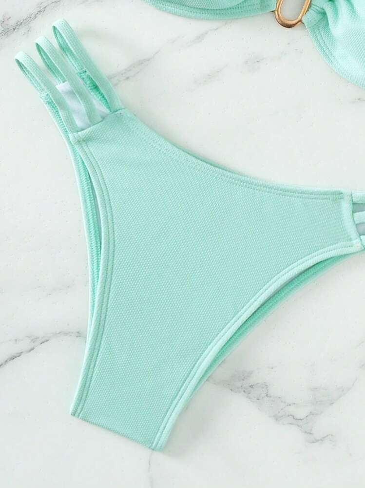 Swim Mod Conjunto de bikini sexy con pliegues de unicolor para mujer, con aro en forma de U - Azul menta - Añade 7